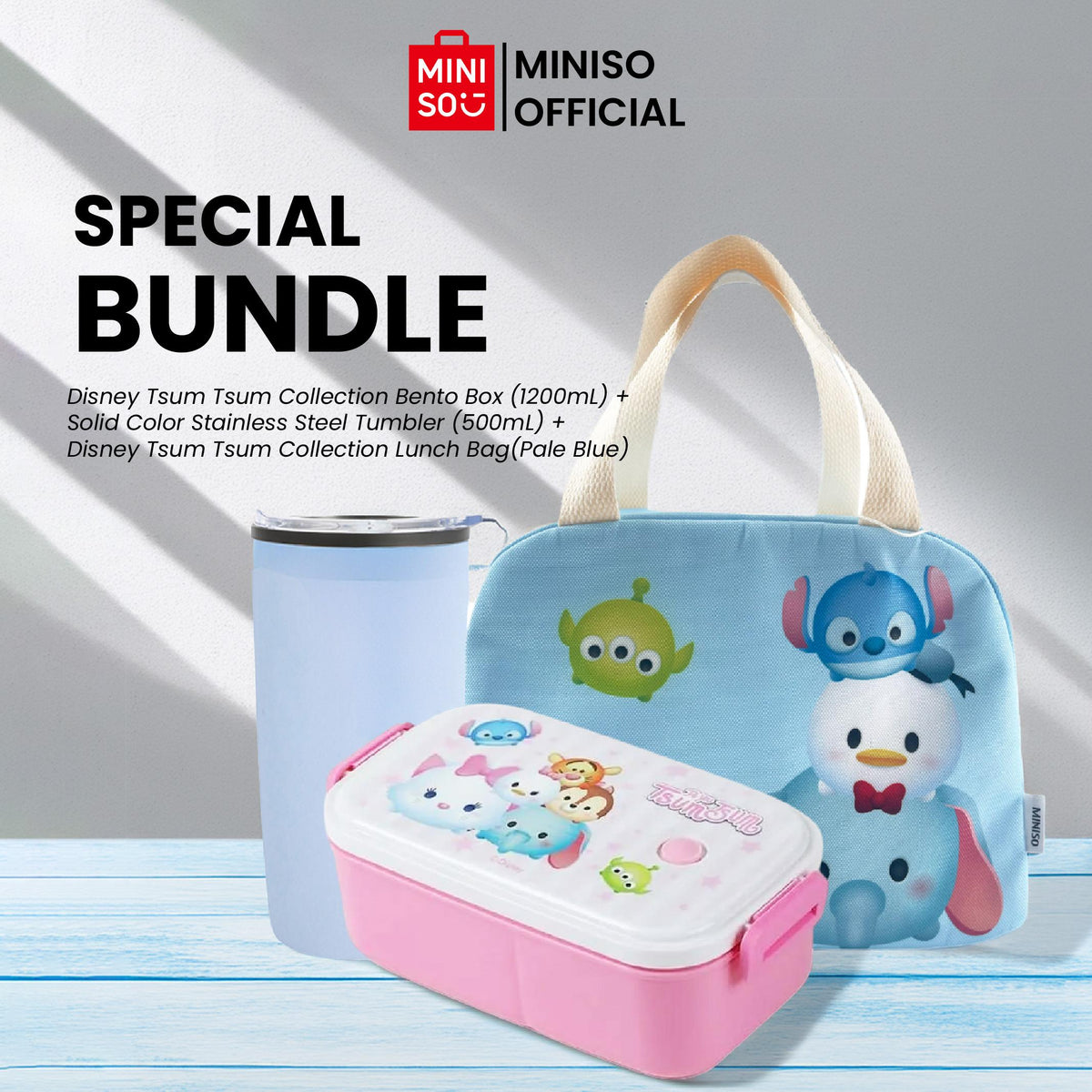 MINISO Special Bundle - Disney Tsum Tsum Collection Bento Box (1200mL) + Solid Color Stainless Steel Tumbler for Car (500mL, Blue) + Disney Tsum Tsum Collection Lunch Bag(Pale Blue)
