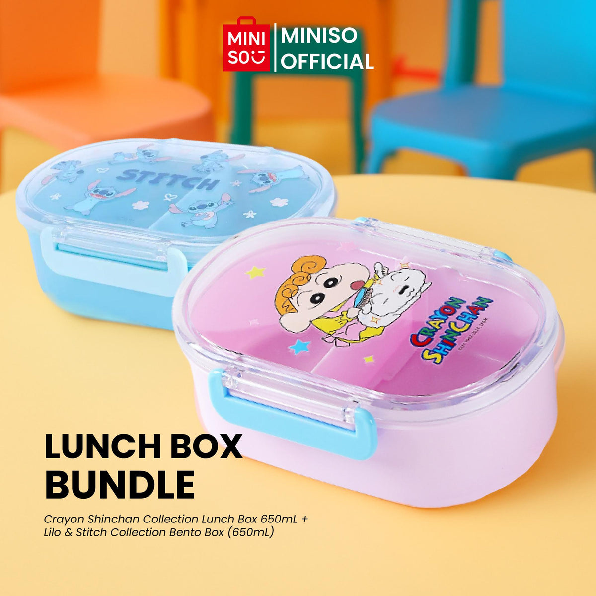 MINISO - Bundle Lilo & Stitch Collection Bento Box (650mL) + Crayon Shinchan Collection Lunch Box 650mL(Himawari Nohara)