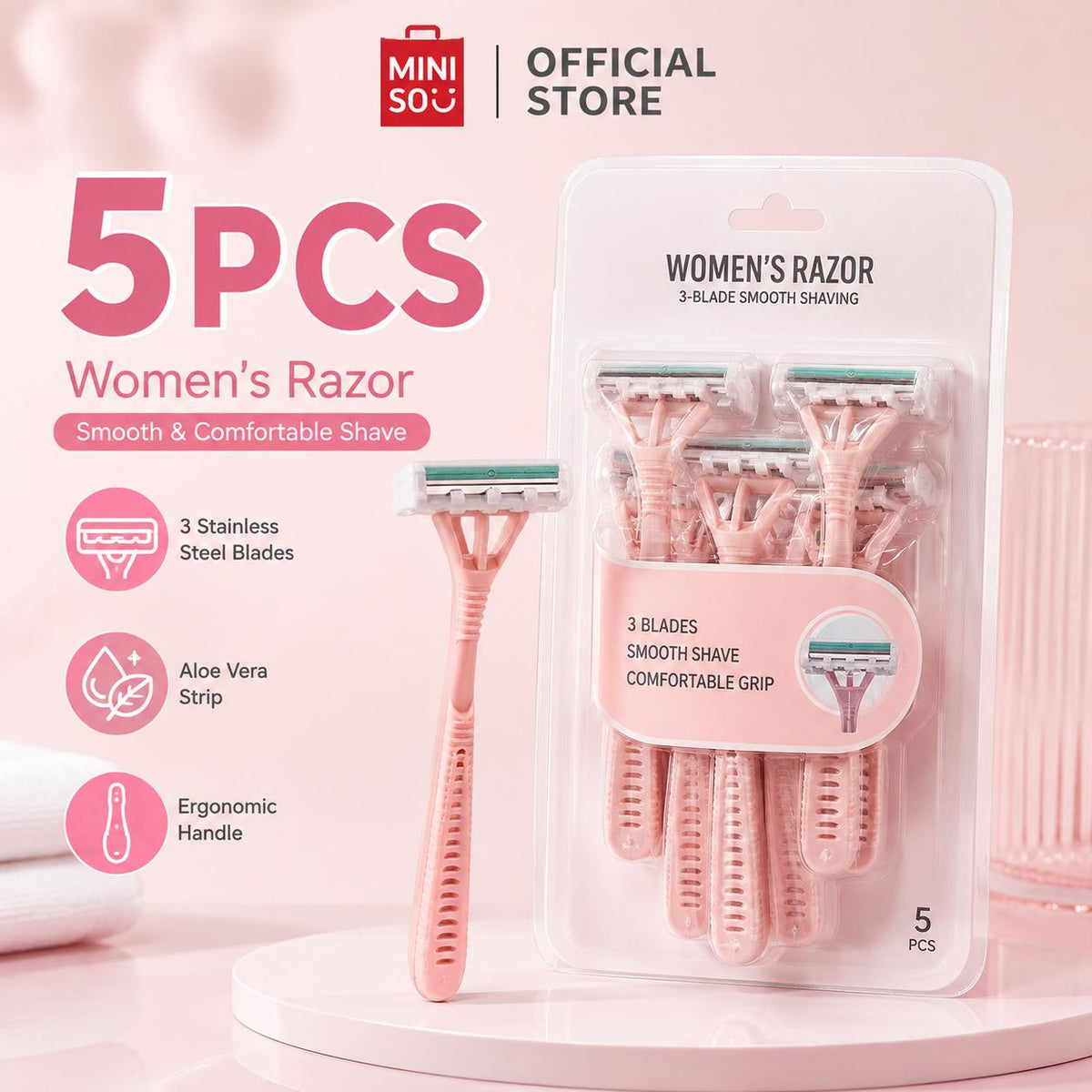 Miniso Alat Cukur Wanita (Paket 5) Pelumas Nyaman Ladies Shaver 3 Lapisan Razor Pisau Cukur