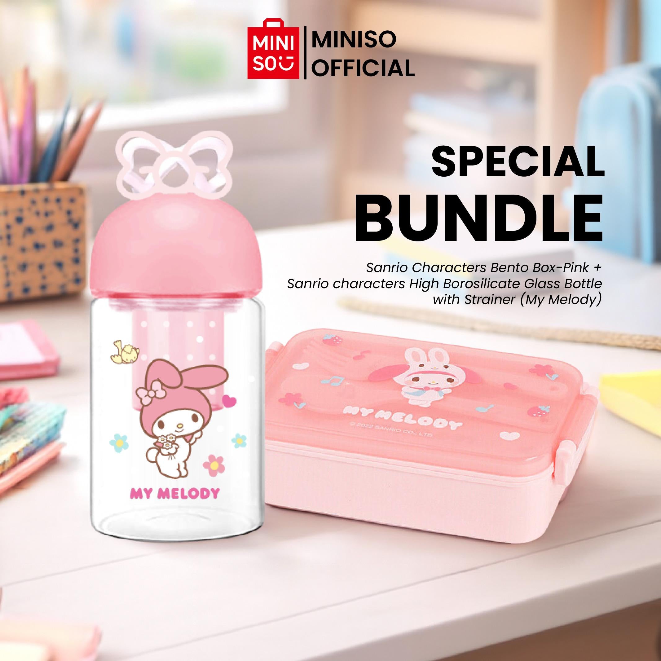 MINISO Special Bundle - Sanrio Characters Bento Box-Pink + Sanrio characters High Borosilicate Glass Bottle with Strainer (My Melody)