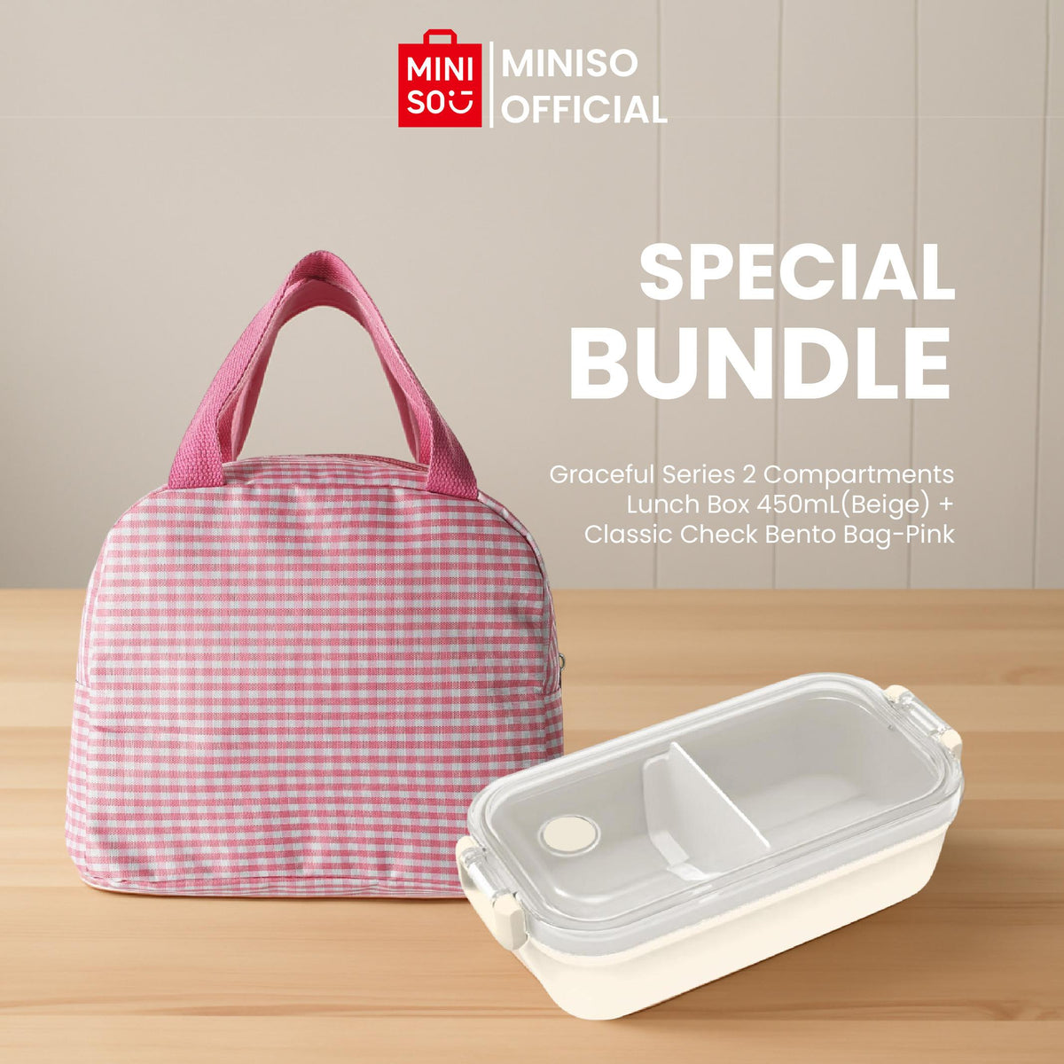 MINISO Promo Bundle - Graceful Series 2 Compartments Lunch Box 450mL + Classic Check Bento Bag