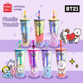Miniso x BT21 Collection Cangkir Plastik Cangkir Jerami Dengan Penutup Cangkir Kopi Berkapasitas Besar Cangkir Air 800ml  Bottles Tumblr Gelas