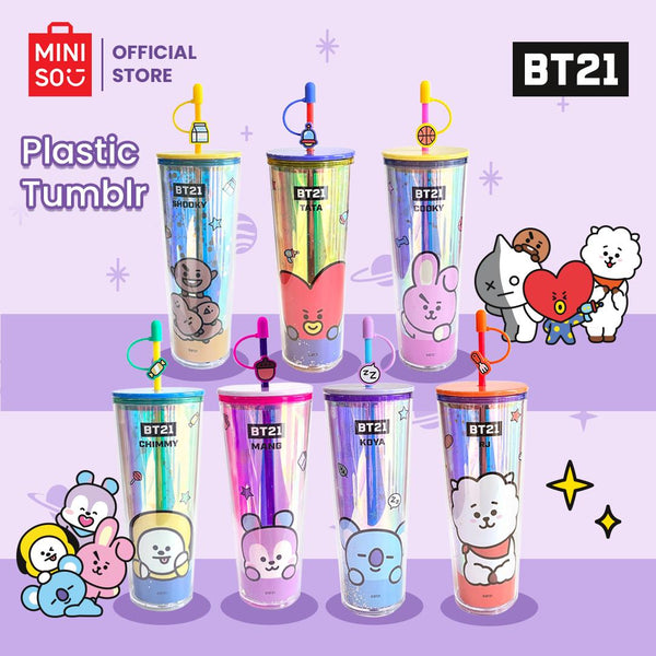 Miniso x BT21 Collection Cangkir Plastik Cangkir Jerami Dengan Penutup Cangkir Kopi Berkapasitas Besar Cangkir Air 800ml  Bottles Tumblr Gelas