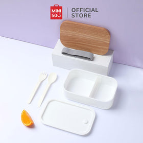 MINISO Kotak Makan 900ml + Gratis Sendok Garpu Lunch Box 2 Grids Tempat Bekal Kayu Imitasi Besar Bento Box BPA Free Peralatan