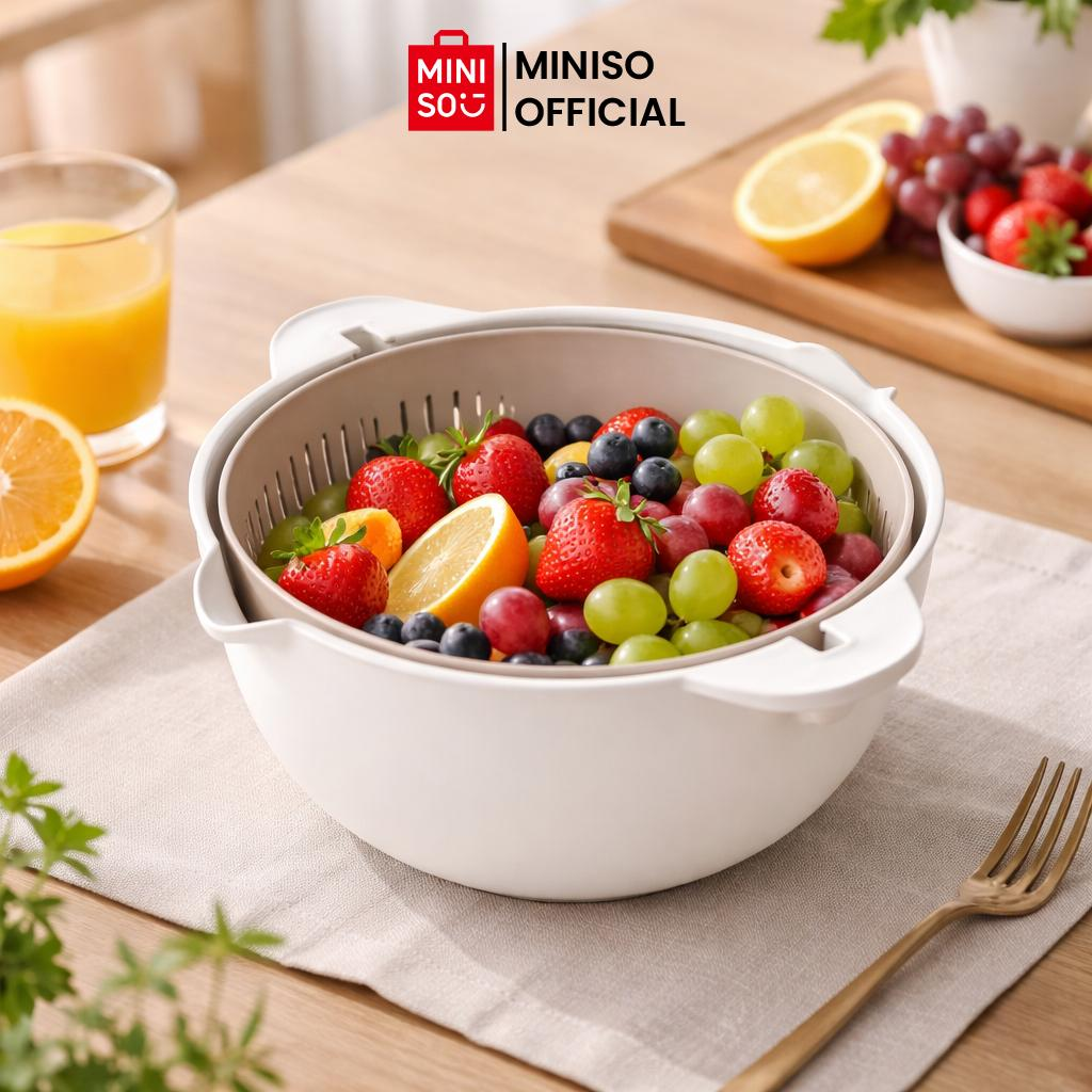 MINISO Classic Series Double Layer Colander Penyaring Sayur Buah Multifungsi Mangkok Saringan
