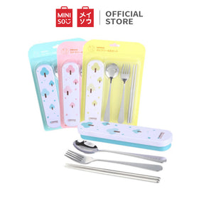 MINISO Set Alat Makan Sumpit Chopsticks Sendok Garpu 4 Pcs Traveling Travel Peralatan Makan Tableware Portable Alat Stainless Alat Makan Set Cutlery Stainless Anak Dewasa Fork Spoon Dapur Warna-warni Lucu Colorful Berkualitas High Quality Premium
