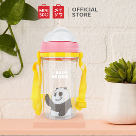 MINISO Botol Minum Air Plastik Sedotan We Bare Bears Lucu Anak 400ml