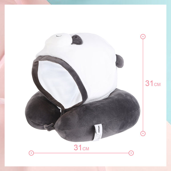 MINISO Bantal Leher Hoodie Lucu U-shaped Neck Pillow Cute Travel Pesawat Karakter Hewan Beruang Imut