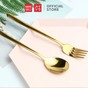 MINISO Set Sendok Garpu 2 Pcs Traveling Travel Peralatan Makan Tableware Portable Alat Stainless Steel Alat Makan Set Cutlery Stainless Anak Dewasa Fork Spoon Dapur Berkualitas High Quality Premium Simple Warna Emas Premium
