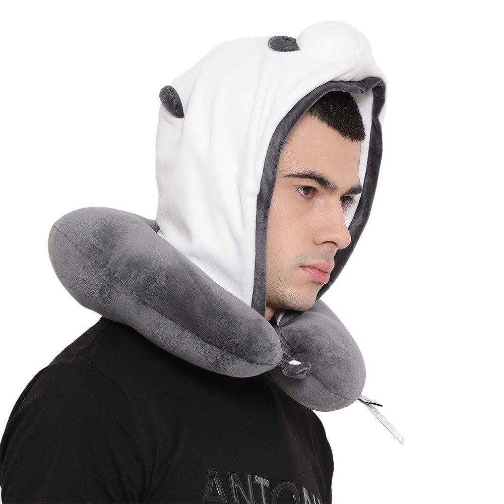 MINISO Bantal Leher Hoodie Lucu U-shaped Neck Pillow Cute Travel Pesawat Karakter Hewan Beruang Imut
