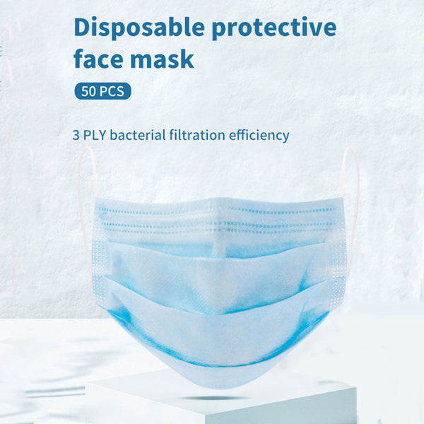 MINISO Masker Mulut Wajah Pembuang 50 Pcs 3 Lapisan Disposable Face Masks Earloop Pengait Telinga Bernapas Anti Bakteri Debu