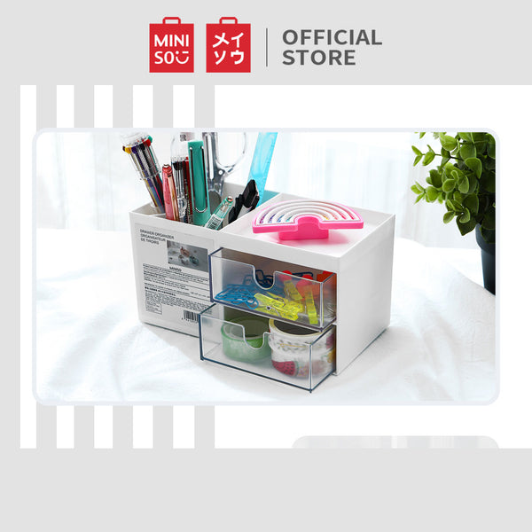 MINISO Rak Kosmetik Kotak Penyimpanan Serbaguna Tempat Makeup Cosmetic Organizer Alat Tulis Storage Plastik Multifungsi Meja 2 Laci