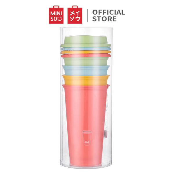 MINISO Cangkir Cup Minum Tempat Air Minum Set 4 Gelas Water Bottle Wadah Penyimpanan Dewasa Anak Perempuan Laki Sekolah Travel Rumah Plastik Lucu Premium Portable Ringan Simple