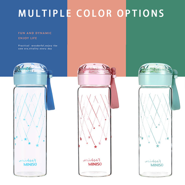 MINISO Botol Minum Air Kaca Borosilikat Tinggi Tempat Minum Glitter 350ml