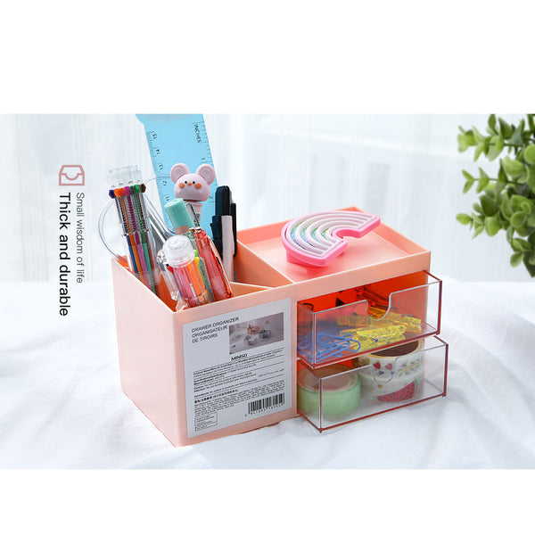 MINISO Rak Kosmetik Kotak Penyimpanan Serbaguna Tempat Makeup Cosmetic Organizer Alat Tulis Storage Plastik Multifungsi Meja 2 Laci