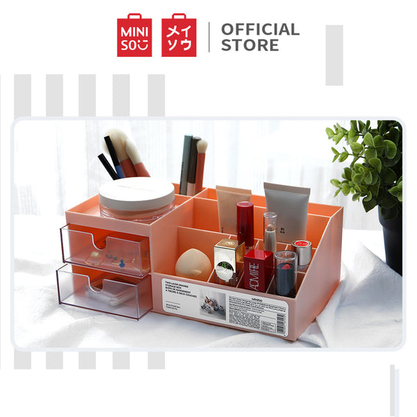 MINISO Rak Kosmetik Kotak Penyimpanan Makeup Cosmetic Tempat Lipstik Organizer Storage Plastik Multifungsi Meja Besar 2 Laci