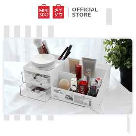 MINISO Rak Kosmetik Kotak Penyimpanan Makeup Cosmetic Tempat Lipstik Organizer Storage Plastik Multifungsi Meja Besar 2 Laci