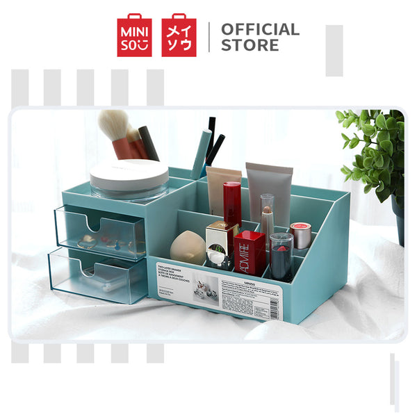 MINISO Rak Kosmetik Kotak Penyimpanan Makeup Cosmetic Tempat Lipstik Organizer Storage Plastik Multifungsi Meja Besar 2 Laci