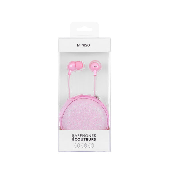 MINISO Headset Earphone Headphone Kabel dengan Tempat Tas Penyimpanan Bulat Gliter Mic microphone Earbuds in Ear Noise Cancelling Awet Universal Stereo Jawab Akhiri Panggilan Musik Hp Laptop PC Original Bass Gaming Wanita Pria Simple Masuk Telinga Android