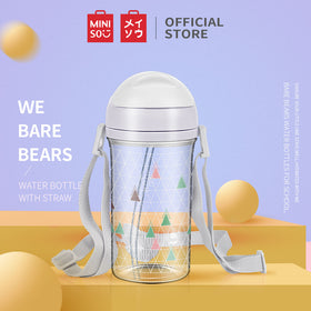 MINISO Botol Minum Plastik 400ml Plastic Cute Water Bottle w Tali Sedotan Botol Air Lucu utuk Anak We Bare Bears