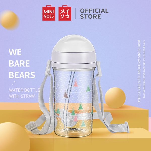 MINISO Botol Minum Plastik 400ml Plastic Cute Water Bottle w Tali Sedotan Botol Air Lucu utuk Anak We Bare Bears