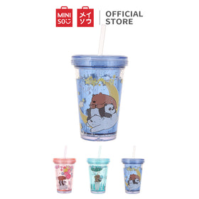 MINISO We Bare Bears Botol Minum Tumbler Tempat Air Minum Sedotan Straw 320ml