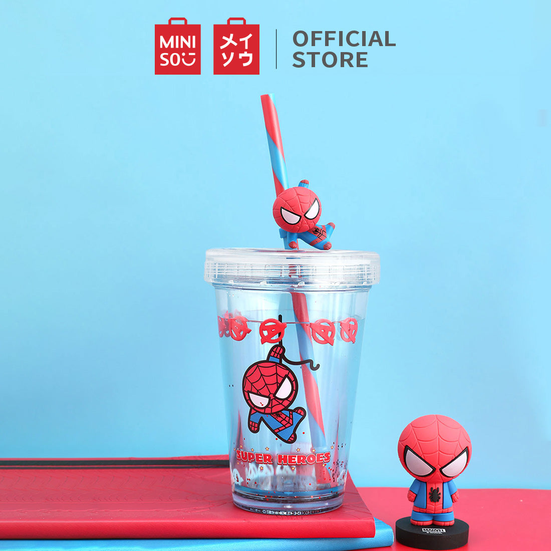 MINISO X MARVEL Tumbler dengan Tutup dan Botol Air Sedotan 320ml
