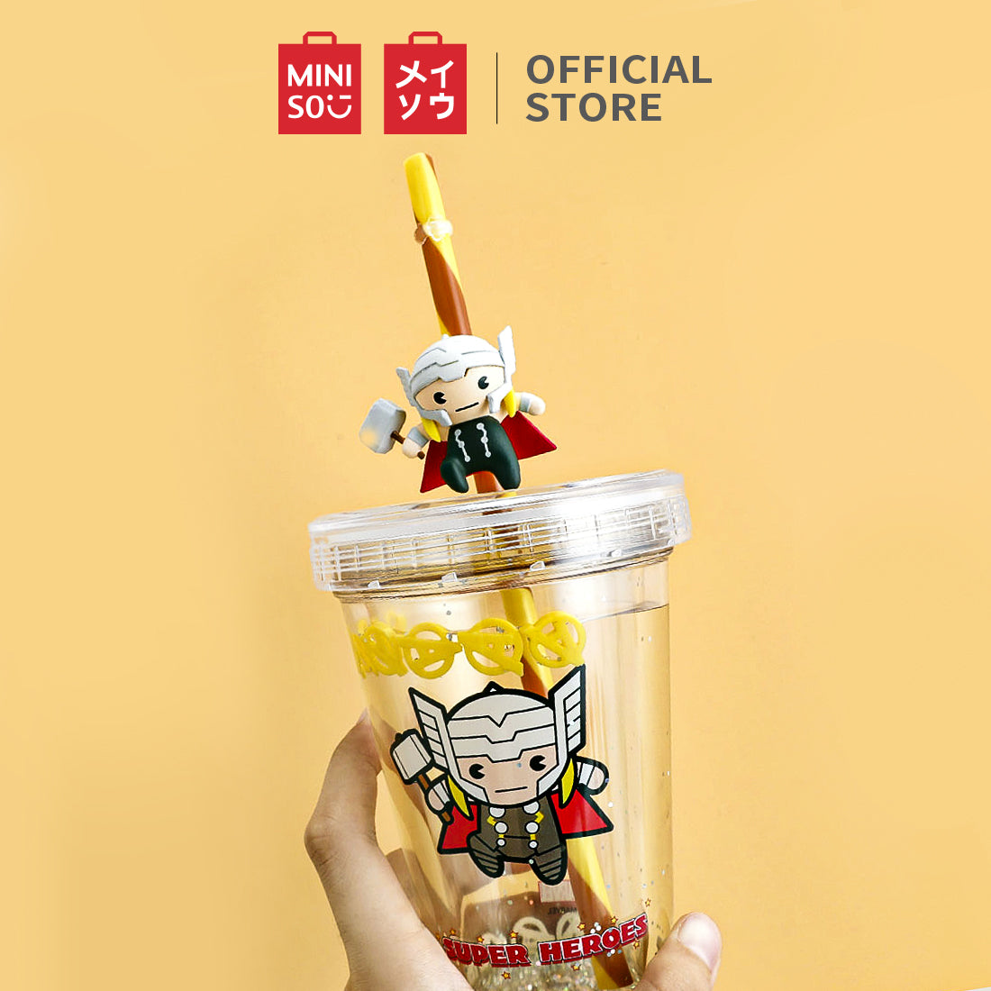 MINISO X MARVEL Tumbler dengan Tutup dan Botol Air Sedotan 320ml