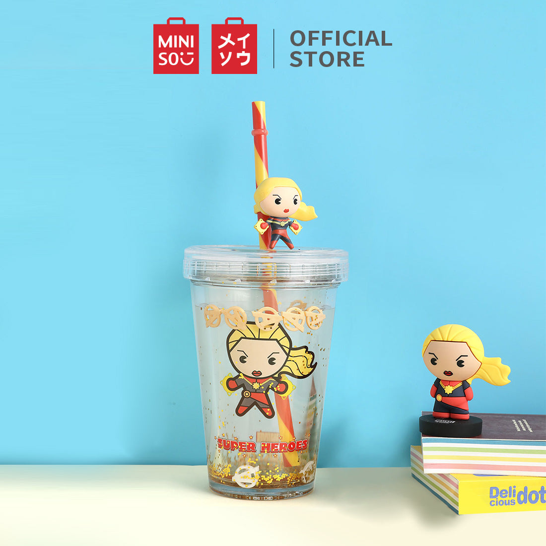 MINISO X MARVEL Tumbler dengan Tutup dan Botol Air Sedotan 320ml
