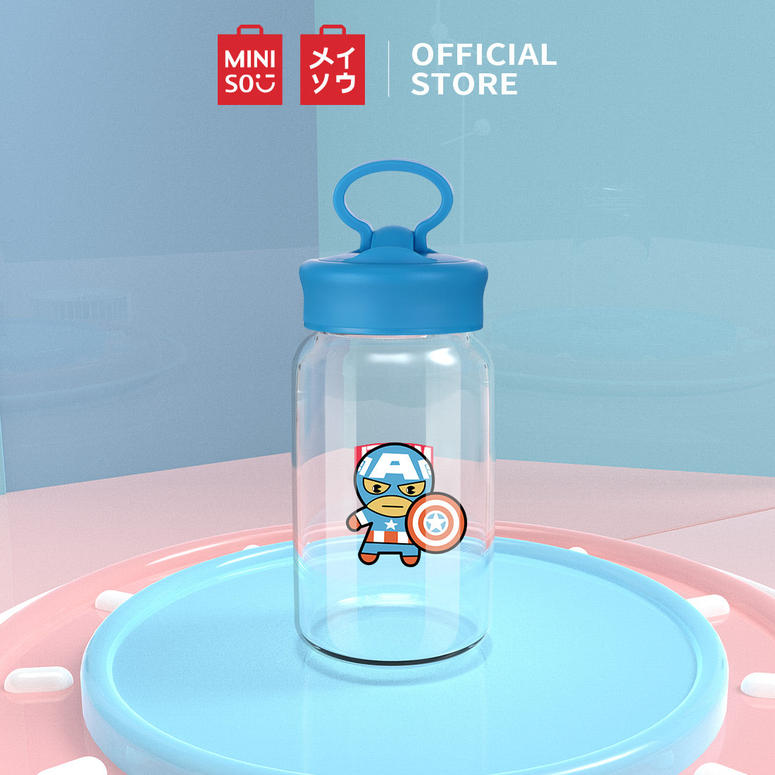 MINISO X MARVEL Botol Air Kaca dengan Tutup 450ml