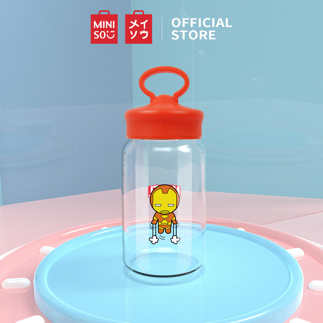 MINISO X MARVEL Botol Air Kaca dengan Tutup 450ml
