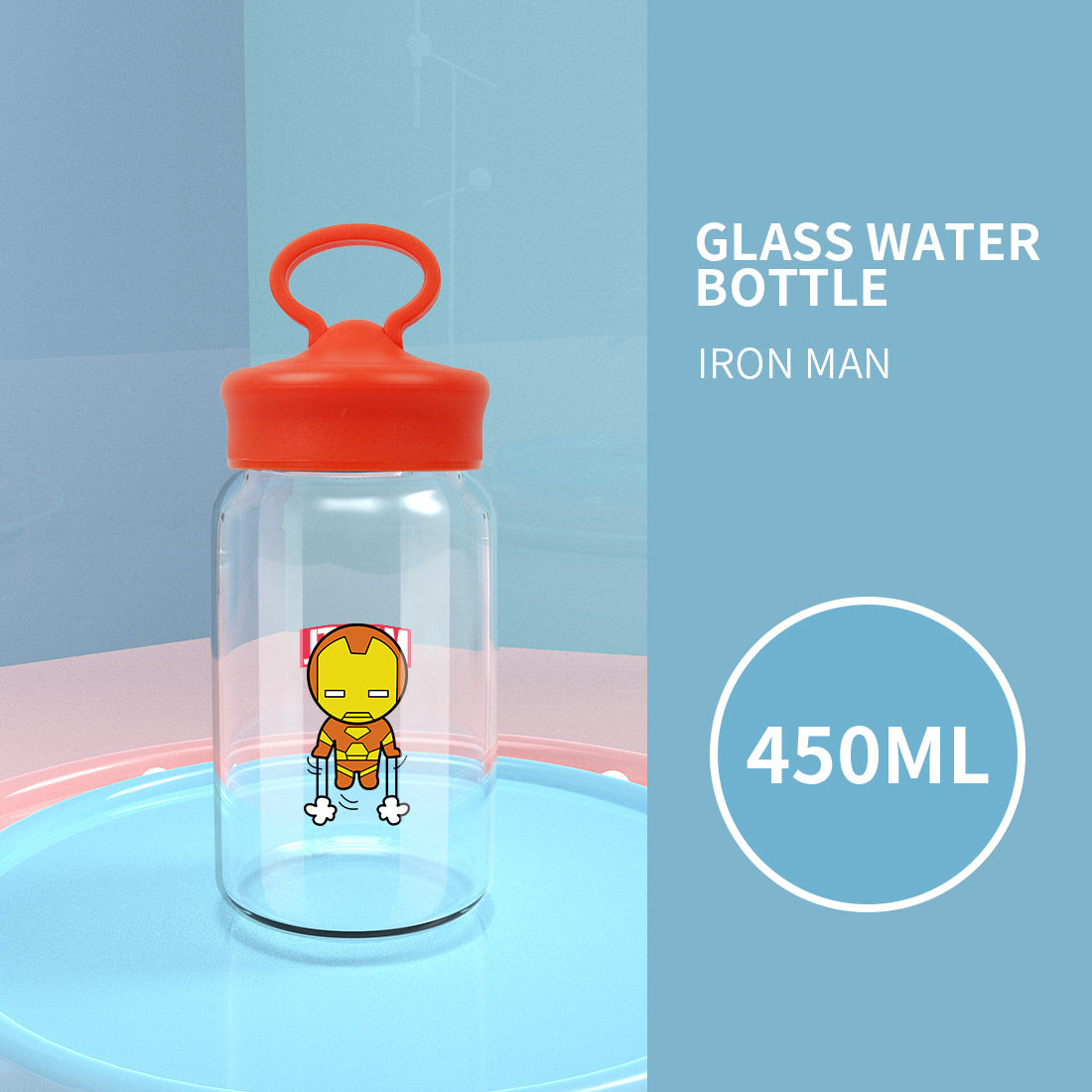 MINISO X MARVEL Botol Air Kaca dengan Tutup 450ml