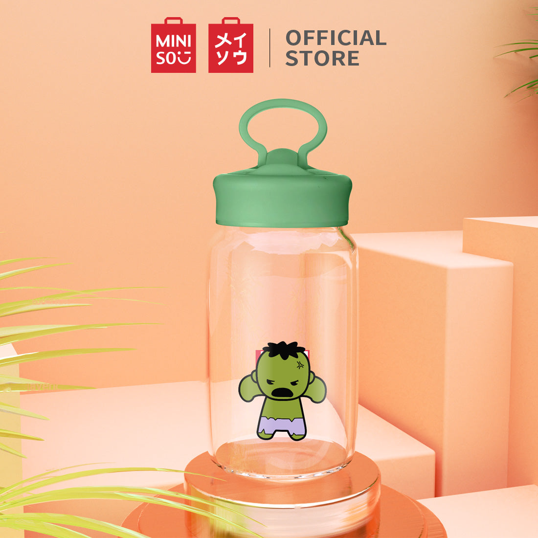 MINISO X MARVEL Botol Air Kaca dengan Tutup 450ml