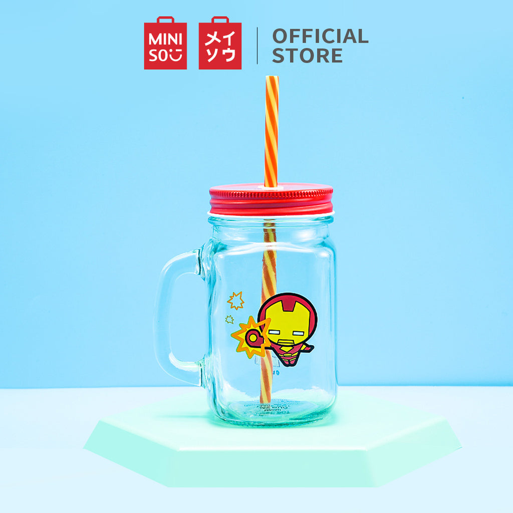MINISO X MARVEL Botol Minum Tumbler Tempat Air Minum Sedotan Straw Kaca 470ml/710ml