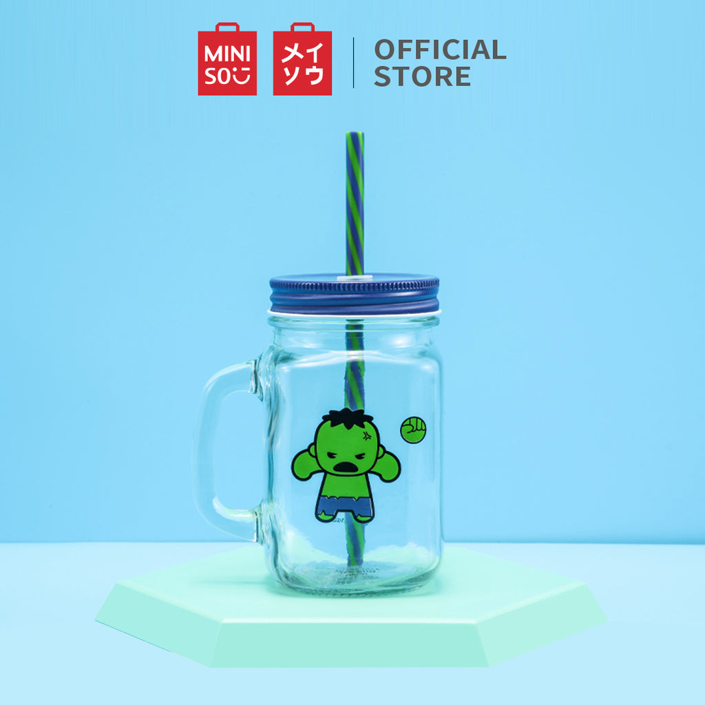 MINISO X MARVEL Botol Minum Tumbler Tempat Air Minum Sedotan Straw Kaca 470ml/710ml