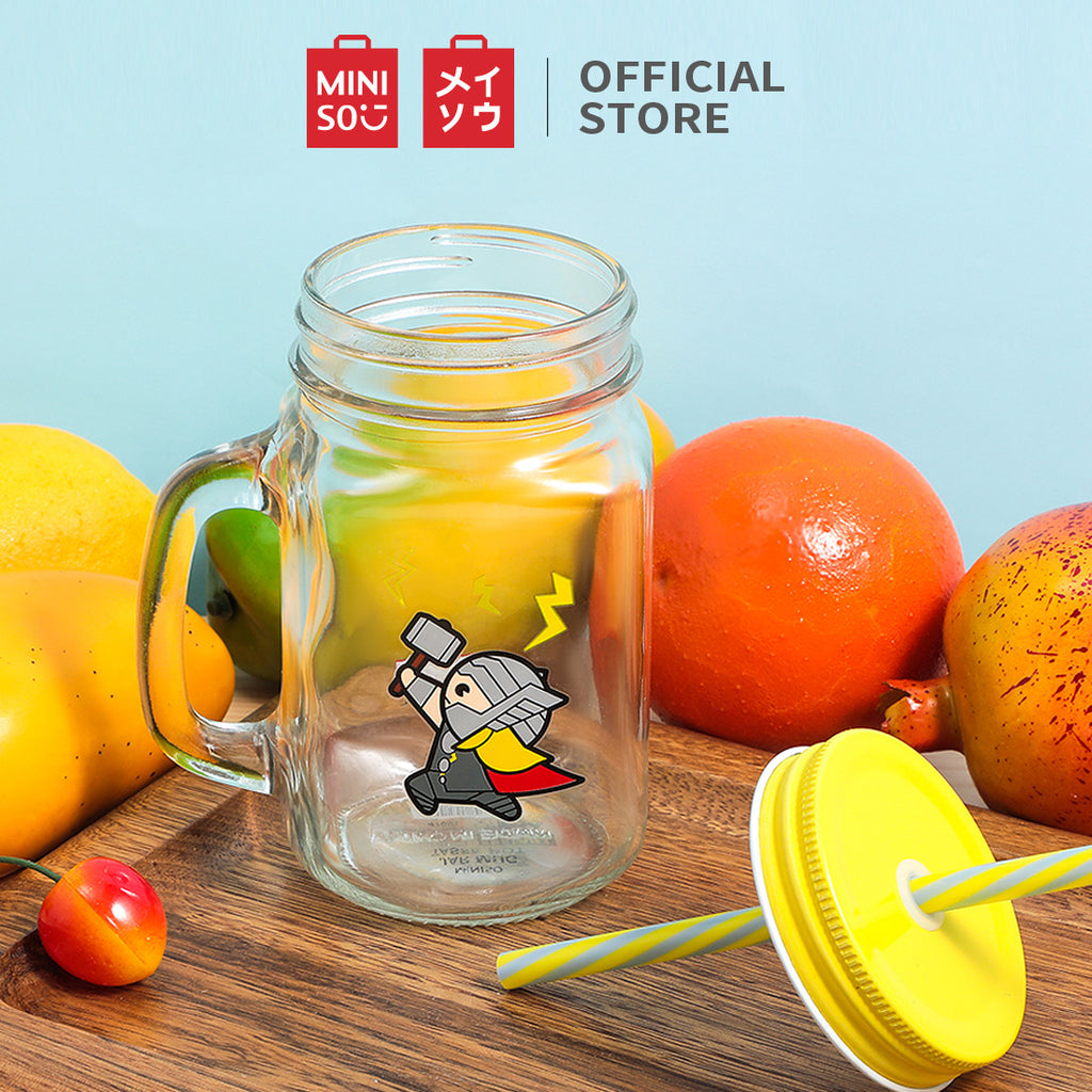 MINISO X MARVEL Botol Minum Tumbler Tempat Air Minum Sedotan Straw Kaca 470ml/710ml