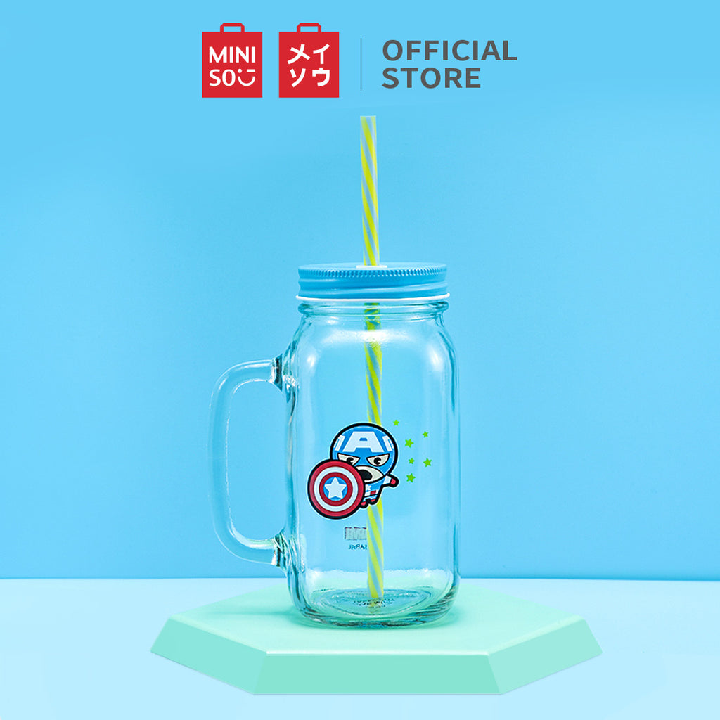 MINISO X MARVEL Botol Minum Tumbler Tempat Air Minum Sedotan Straw Kaca 470ml/710ml