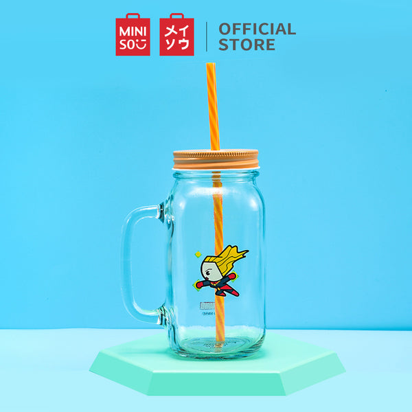 MINISO X MARVEL Botol Minum Tumbler Tempat Air Minum Sedotan Straw Kaca 470ml/710ml
