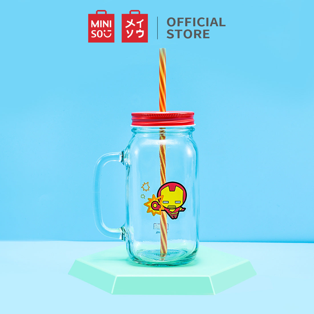 MINISO X MARVEL Botol Minum Tumbler Tempat Air Minum Sedotan Straw Kaca 470ml/710ml
