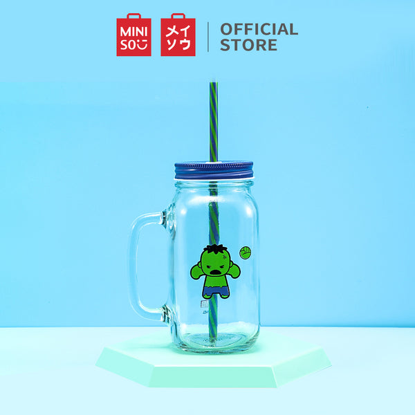 MINISO X MARVEL Botol Minum Tumbler Tempat Air Minum Sedotan Straw Kaca 470ml/710ml