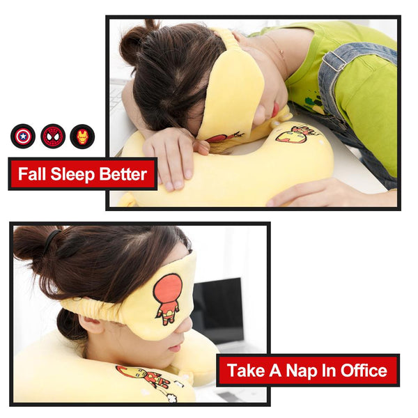 MINISO MARVEL Bantal Leher + Penutup Mata, Travel Pesawat U-shaped Neck Pillow + Eye Mask, Bantal Leher Bantal Kepala Spider man / Iron Man / Hulk / Captain America / Thor / Captain Marvel