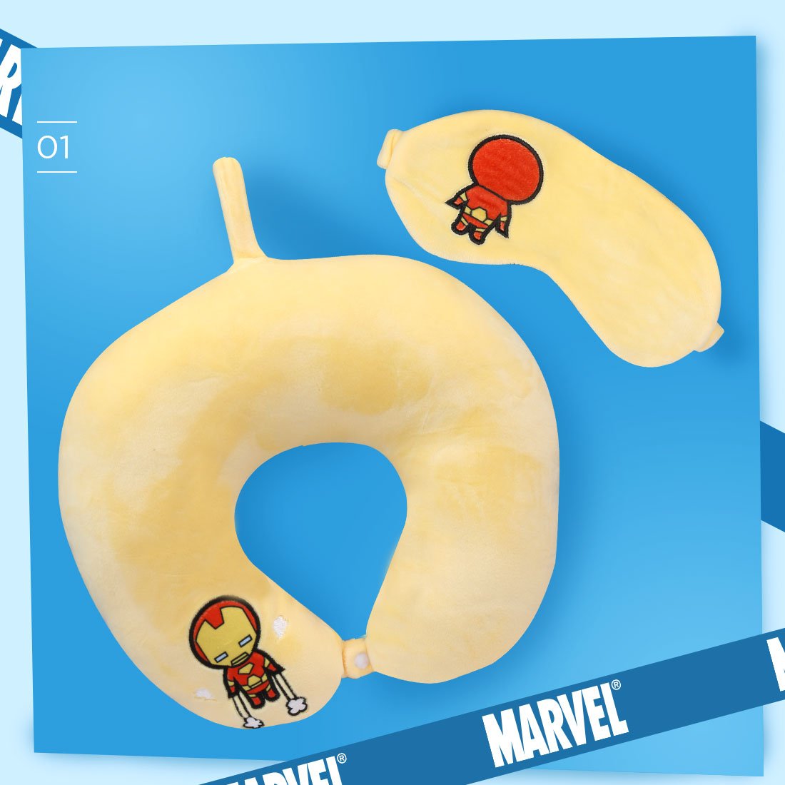 MINISO MARVEL Bantal Leher + Penutup Mata, Travel Pesawat U-shaped Neck Pillow + Eye Mask, Bantal Leher Bantal Kepala Spider man / Iron Man / Hulk / Captain America / Thor / Captain Marvel