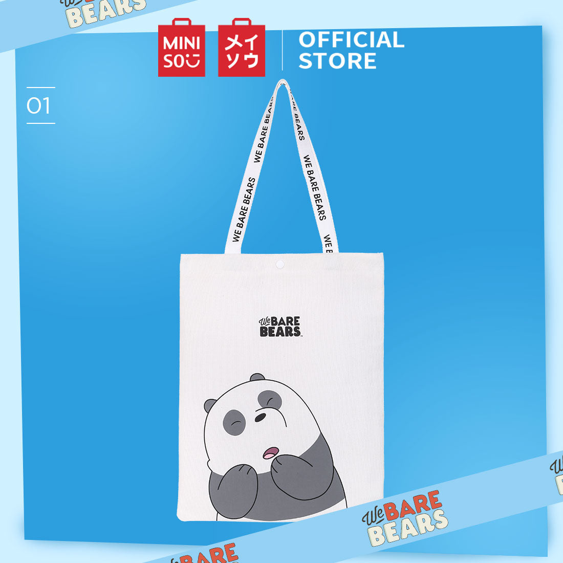 MINISO Tas Totebag Tote Shopping Bag Belanja We Bare Bears Canvas Kain