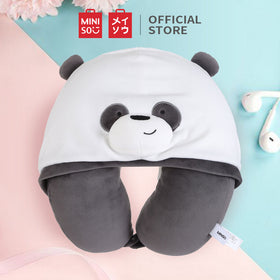 MINISO Bantal Leher Hoodie Lucu U-shaped Neck Pillow Cute Travel Pesawat Karakter Hewan Beruang Imut